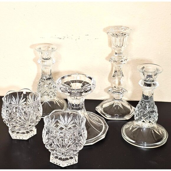 vtg assorted crystal candle holders lot/6 votive taper glass holders wedding dec - Picture 3 of 8